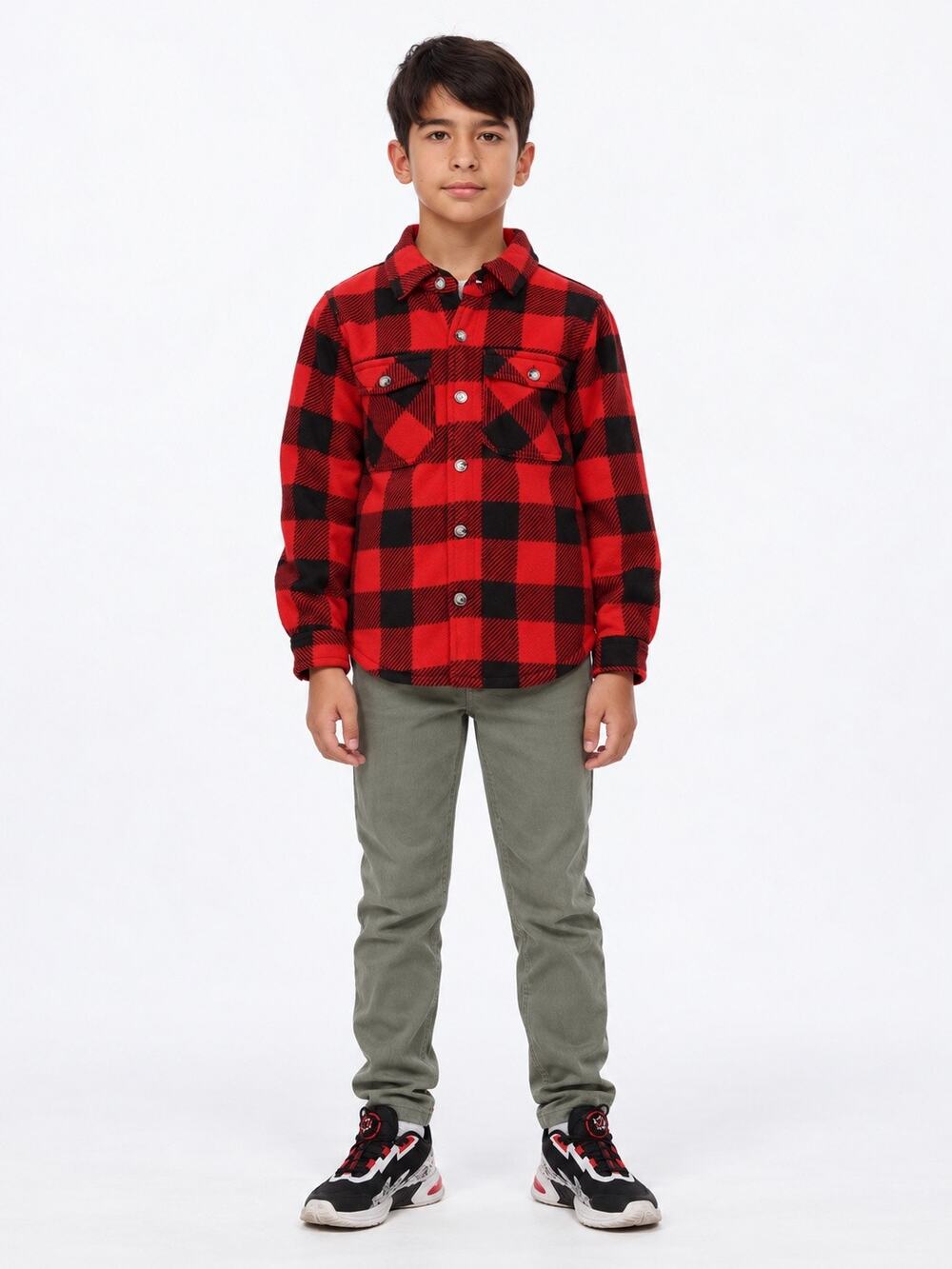 ThCreasa Boys Red And Black Plaid Shirt Jacket Fleece Sherpa Size Medium 7-8